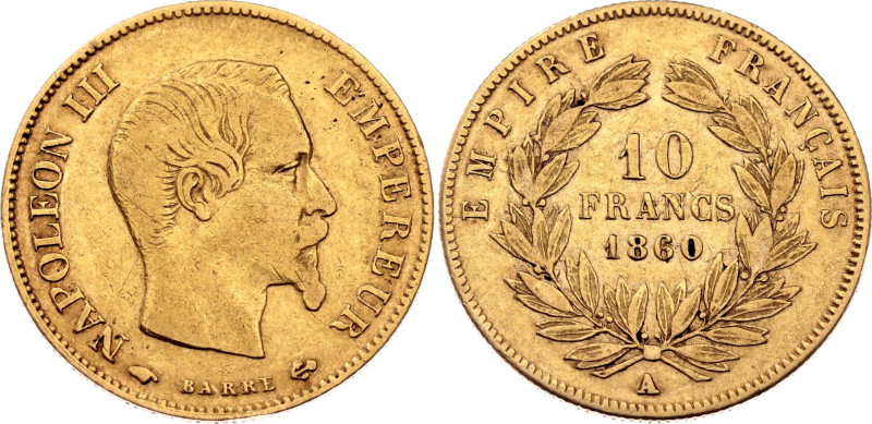 France 10 Francs 1860 A

KM# 784.3, N# 356585; Gold (.900) 3.23 g.; Napoleon I...
