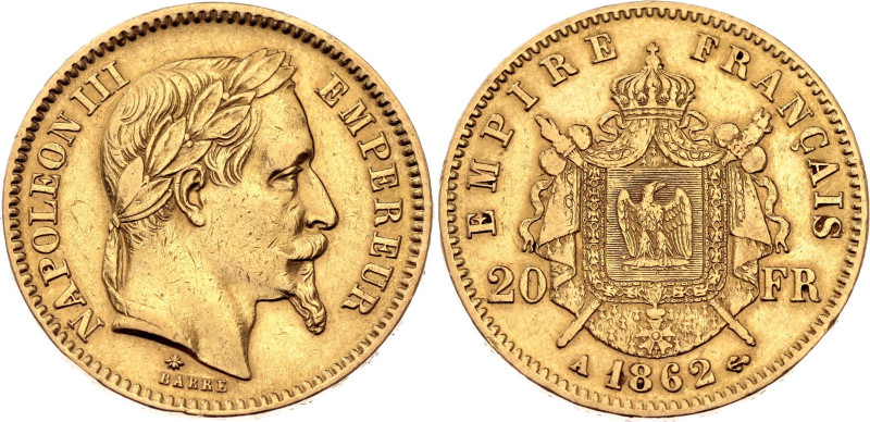 France 20 Francs 1862 A

KM# 801.1, N# 6718; Gold (.900) 6.45 g.; Napoleon III...