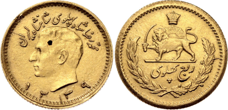 Iran 1/4 Pahlavi 1960 SH 1339

KM# 1160a, N# 33381; Gold (.900) 2.03 g.; Moham...