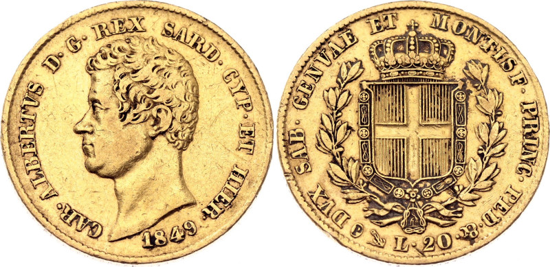 Italian States Sardinia 20 Lire 1849 P

KM# 131.2, N# 30588; Gold (.900) 6.45 ...