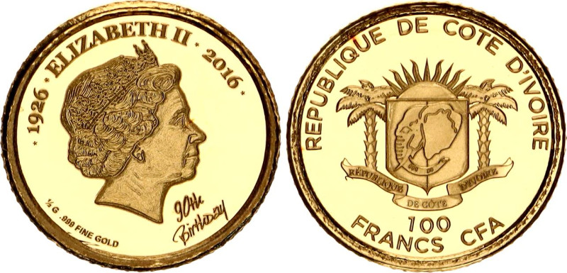 Ivory Coast 100 Francs CFA 2016 

KM# 130, N# 118537; Gold (999) 0.5 g.,11 mm;...