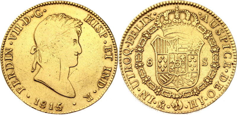 Mexico 8 Escudos 1815 / 4 Mo HJ Overdate

KM# 161, N# 15008; Gold (.875) 27.07...