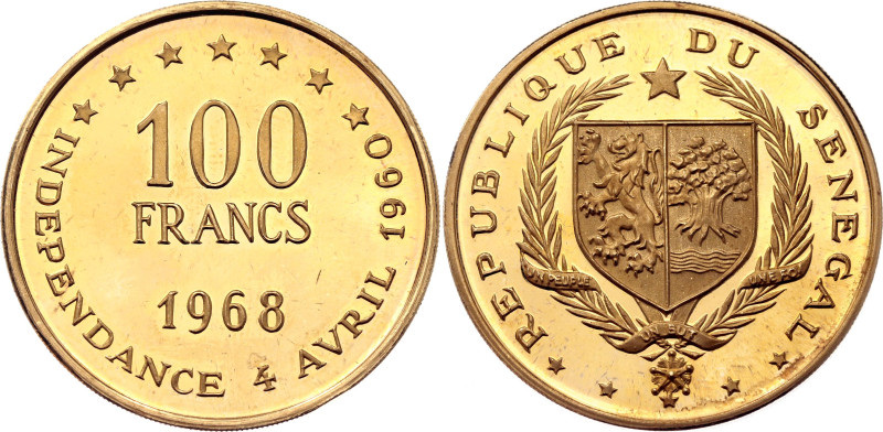 Senegal 100 Francs 1968

KM# 4, N# 46195; Gold (.900) 32.00 g., Proof; 8th Ann...