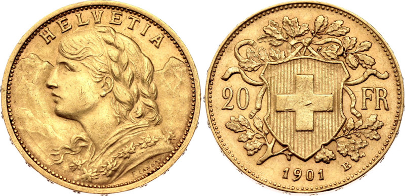 Switzerland 20 Francs 1901 B

KM# 35.1, N# 7497; Gold (.900) 6.45 g.; Bern Min...