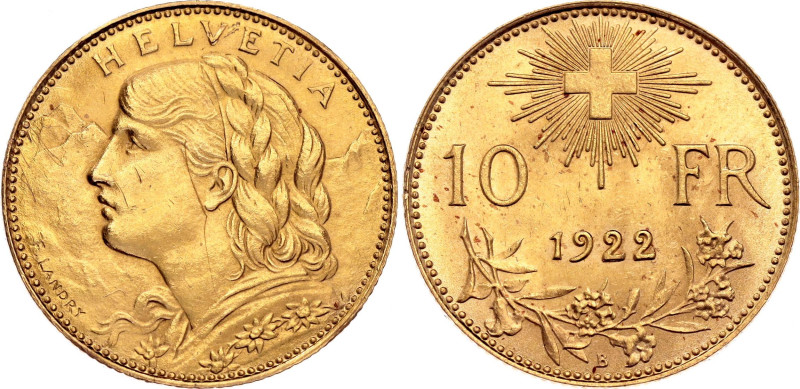 Switzerland 10 Francs 1922 B

KM# 36, N# 3950; Gold (.900) 3.23 g.; Bern Mint;...