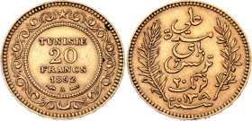 Tunisia 20 Francs 1892 A AH 1309
