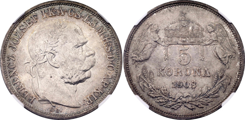 Hungary 5 Korona 1908 KB NGC MS64

KM# 488, N# 12866; Silver; Franz Joseph I; ...