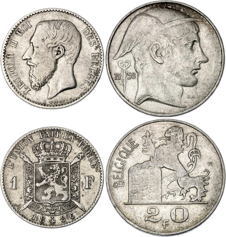 Belgium 1 - 20 Francs 1886 - 1950 

KM# 28, 136; Silver; Leopold II & Leopold ...