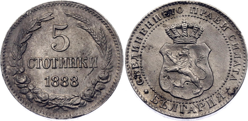 Bulgaria 5 Stotinki 1888

KM# 9, N# 23588; Copper-nickel; Ferdinand I; Brussel...