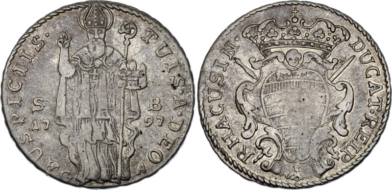 Croatia Ragusa 1 Dukato 1797 SB

KM# 15, N# 86549; Silver; VF+ Toned