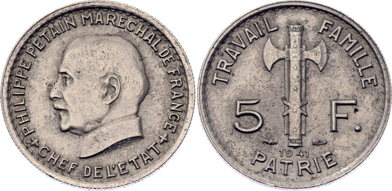 France 5 Francs 1941 Rare 

KM# 901, F# 338/2, N# 1191; Copper-nickel; Pétain;...