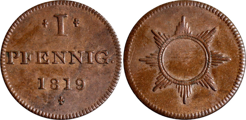 German States Frankfurt 1 Pfennig / Judenpfennig 1819 

KM# Tn7, N# 16067; XF/...