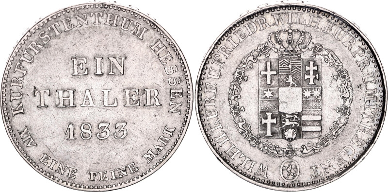 German States Hesse-Cassel 1 Taler 1833 

KM# 587; Silver 22.05 g.; Wilhelm II...