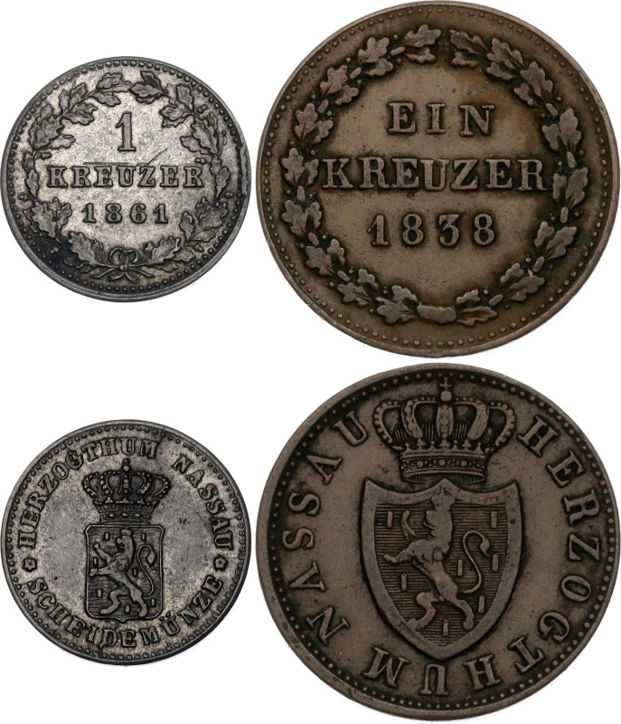German States Nassau 2 x 1 Kreuzer 1838 - 1861 

KM# 51, 77; Silver & Copper; ...