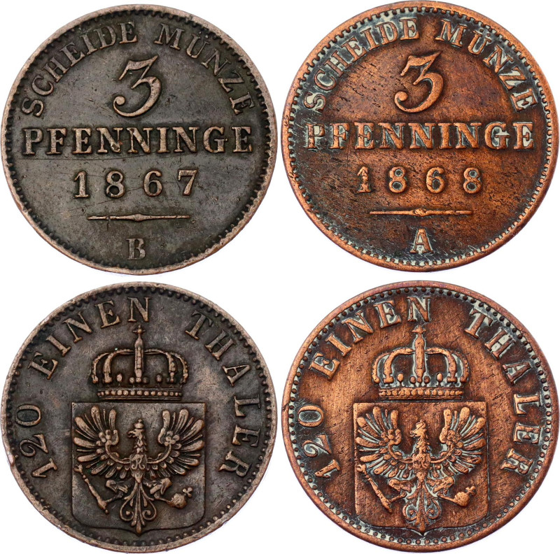 German States Prussia 2 x 3 Pfenninge 1867 - 1868 

KM# 482, N# 14248; Copper;...