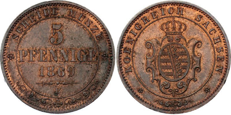 German States Saxony-Albertine 5 Pfennige 1869 B 

KM# 1218, N# 10590; Copper;...