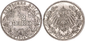 Germany - Empire 1/2 Mark 1918 D