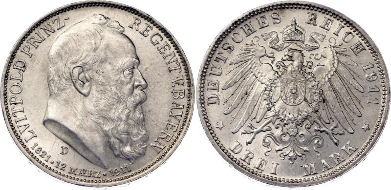 Germany - Empire Bavaria 3 Mark 1911 D

KM# 998, J# 49, N# 15935; Silver; 90th...