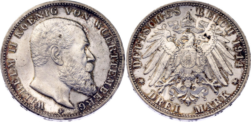 Germany - Empire Wurttemberg 3 Mark 1914 F

KM# 635, J# 175, N# 10840; Silver;...