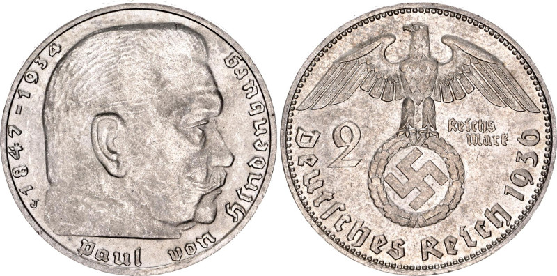 Germany - Third Reich 2 Reichsmark 1936 J Key Date

KM# 93, AKS# 33, N# 3416; ...