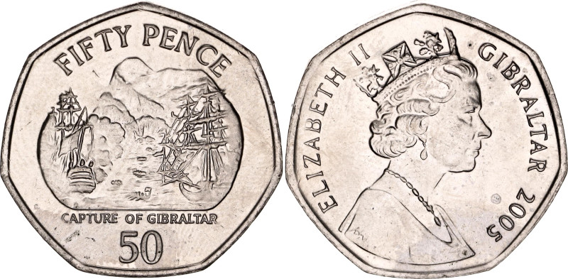 Gibraltar 50 Pence 2005 

KM# 1074, N# 18445; Copper-nickel; Elizabeth II; Cap...