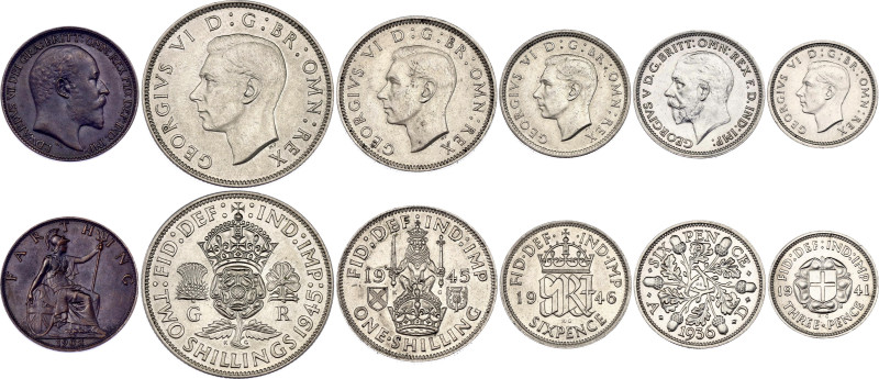 Great Britain Lot of 6 Coins 1902 - 1946 

Mostly Silver; Various Rulers, Date...