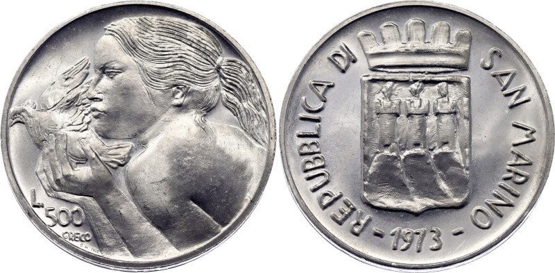 San Marino 500 Lire 1973

KM# 29, N# 13702; Silver; Peace; Rome Mint; UNC