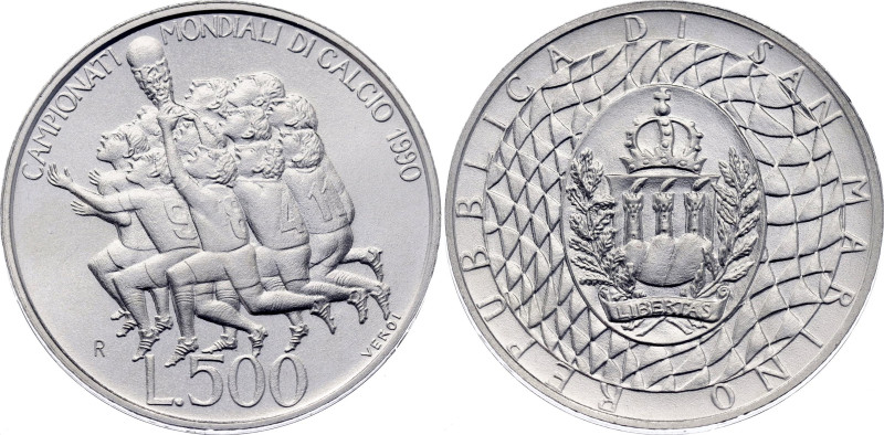 San Marino 500 Lire 1990 R

KM# 246, N# 13721; Silver; 1990 FIFA World Cup, It...