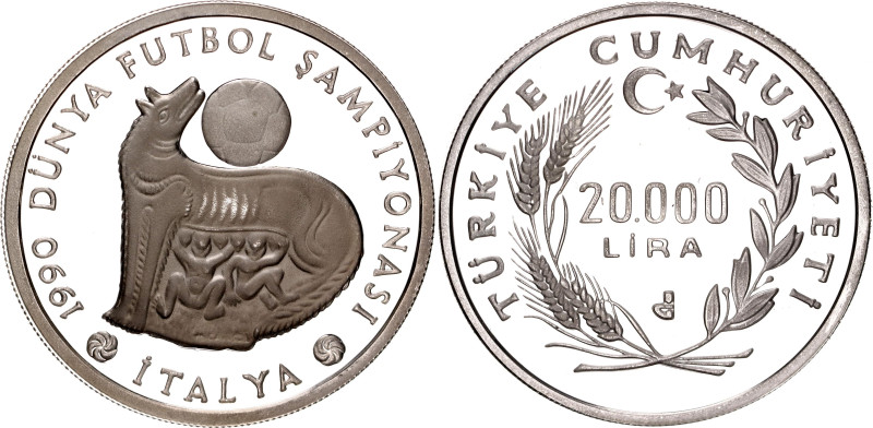 Turkey 20000 Lira 1990

KM# 995, N# 62947; Silver., Proof; 1990 World Soccer C...