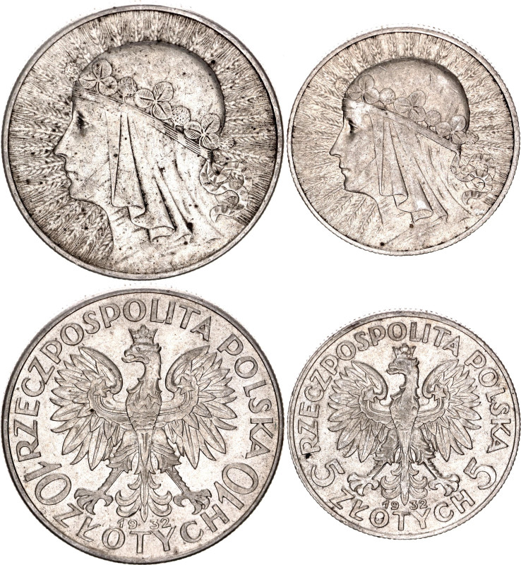 Poland 5 - 10 Zlotych 1932

Y# 21, 22; Silver; Polonia; XF