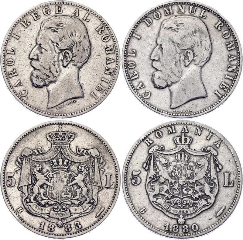 Romania 2 x 5 Lei 1880 - 1883 B

KM# 12, 17.1; Silver; Carol I; Bucharest Mint...