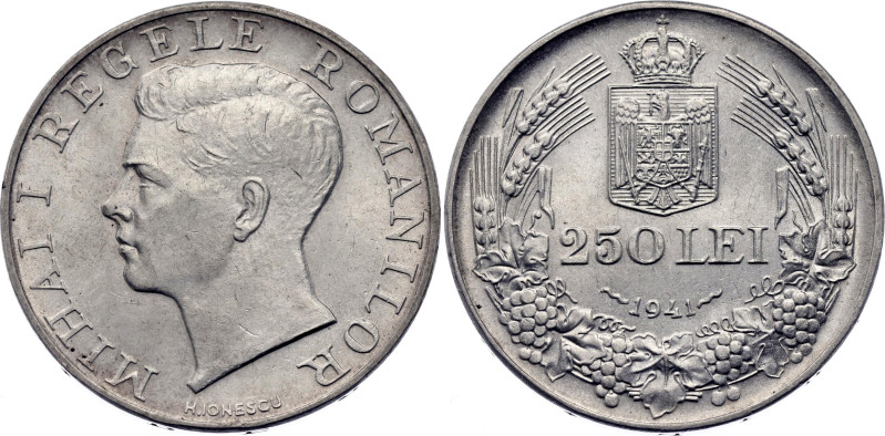 Romania 250 Lei 1941 B

KM# 59.3, N# 14639; Silver; Mihai I; Bucharest Mint; U...