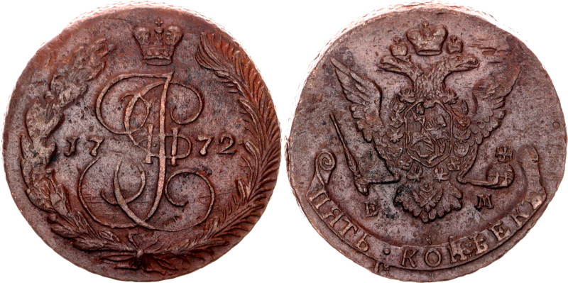 Russia 5 Kopeks 1772 ЕМ

Bit# 621; Copper 55.91 g.; AUNC/UNC