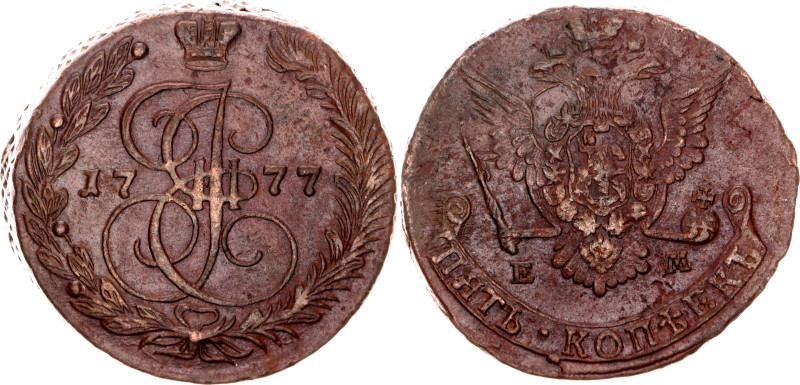 Russia 5 Kopeks 1777 ЕМ

Bit# 626; Copper 54.16 g.; AUNC