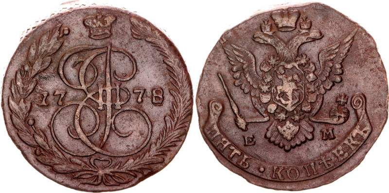 Russia 5 Kopeks 1778 ЕМ

Bit# 627; Copper 58.62 g.; AUNC