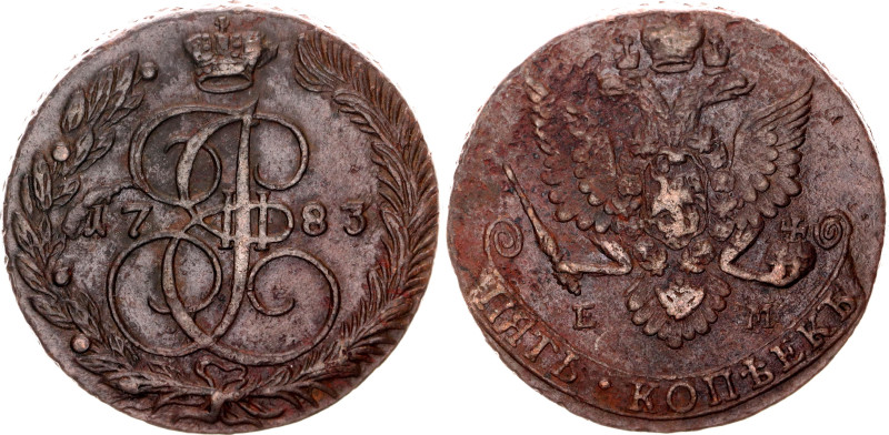 Russia 5 Kopeks 1783 ЕМ

Bit# 634; Copper 48.50 g.; AUNC