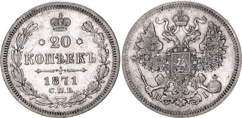 Russia 20 Kopeks 1871 СПБ HI 

Bit# 219, Conros# 146/45; Silver 3.56 g.; XF+...