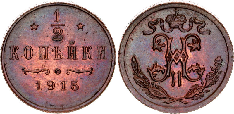 Russia 1/2 Kopek 1915 

Bit# 275; Copper 1.61 g.; UNC with red mint luster