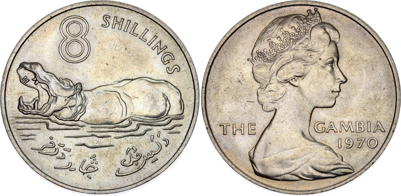 Gambia 8 Shillings 1970

KM# 7, N# 19772; Copper-nickel; Elizabeth II; Hippopo...