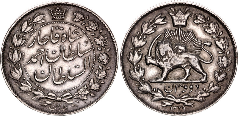 Iran 2000 Dinar 1911 AH 1329 

KM# 1040, N# 33378; Silver; Ahmad Qajar Shah; X...