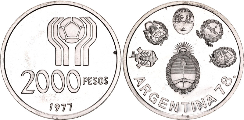 Argentina 2000 Pesos 1977 

KM# 79, N# 14509; Silver., Proof; World Football C...