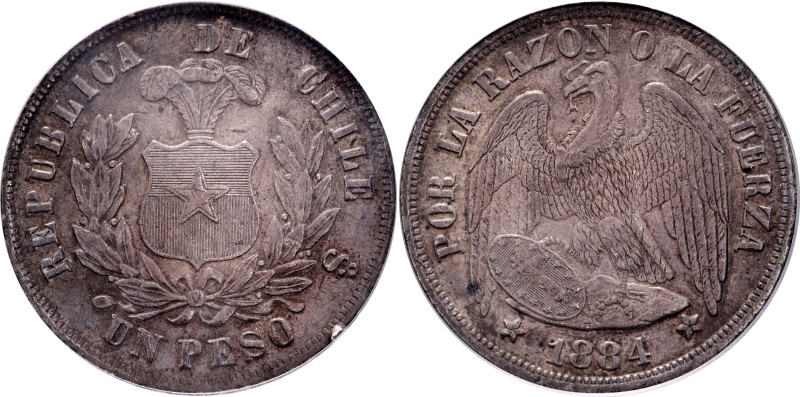 Chile 1 Peso 1884 So SEGS AU50

KM# 142.1, N# 4323; Silver; AUNC