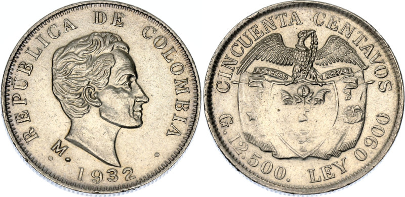 Colombia 50 Centavos 1932 M 

KM# 193.2, N# 20273; Silver; Medellin Mint; XF/A...