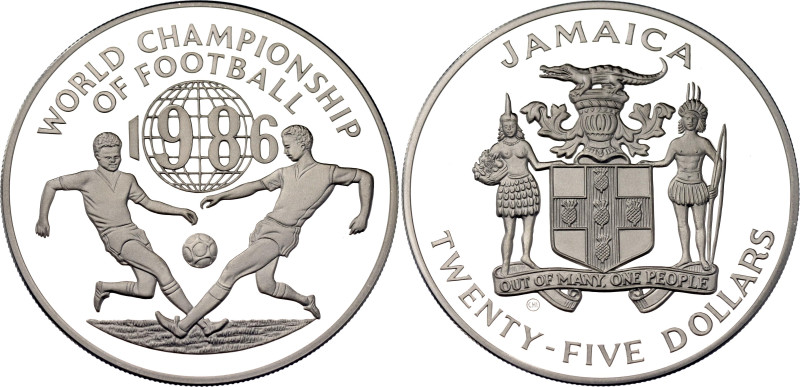 Jamaica 25 Dollars 1986 

KM# 127, N# 39347; Silver., Proof; 1986 FIFA World C...