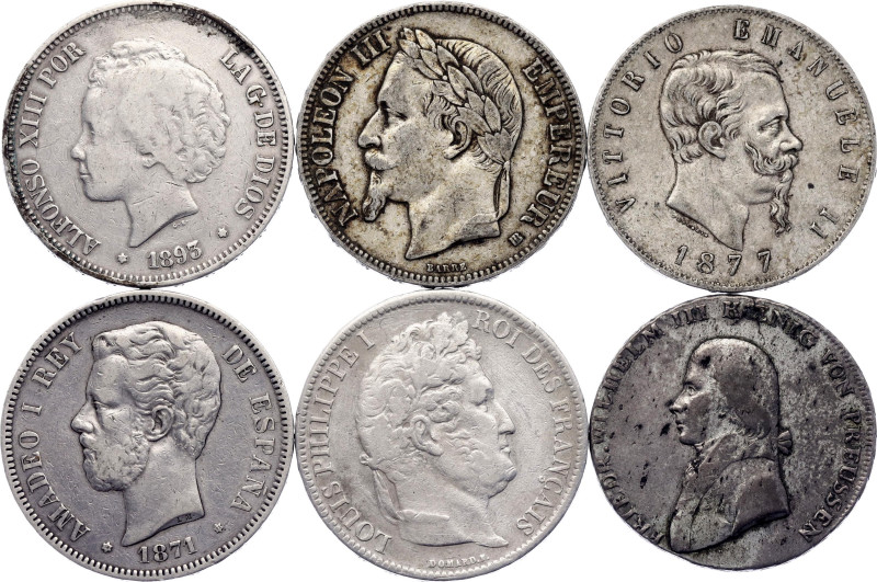 Europe Lot of 6 Coins 1802 - 1893

Silver., Total weight: 145.47 g.; Various C...