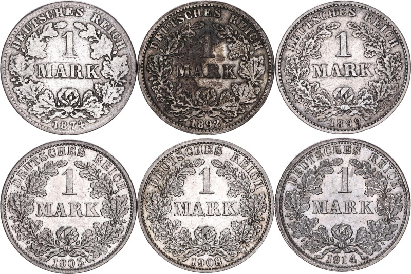 Germany - Empire 6 x 1 Mark 1874 - 1914

Silver., Total weight: 32.74 g.; Vari...