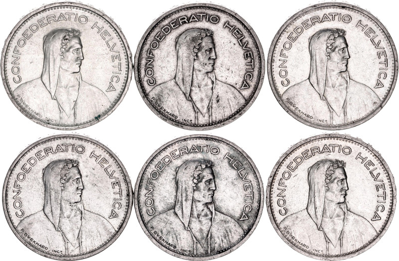 Switzerland 6 x 5 Francs 1932 - 1966 B

KM# 40, N# 194; Silver., Total weight:...