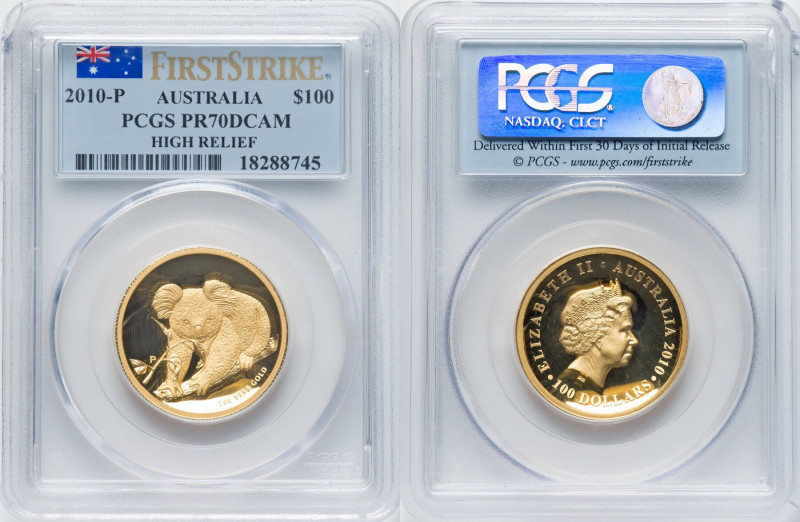 Elizabeth II gold Proof High Relief "Koala" 100 Dollars (1 oz) 2010-P PR70 Deep ...