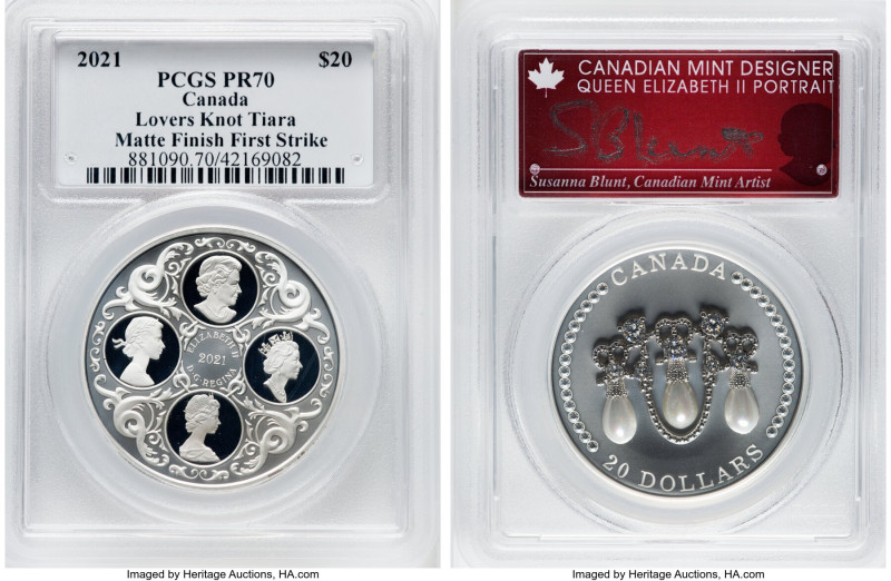 Elizabeth II silver Matte Proof "Lovers Knot Tiara" 20 Dollars 2021 PR70 PCGS, K...