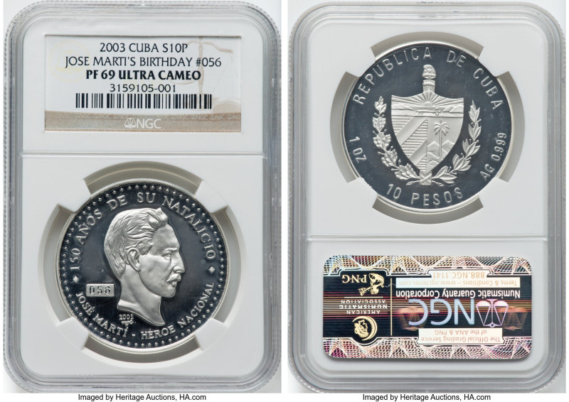 Republic silver Proof "José Martí's Birthday" 10 Pesos 2003 PR69 Ultra Cameo NGC...